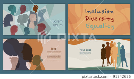 Diversity inclusion and equality concept. Silhouette people of diverse cultures.Group of multicultural and multiethnic men and women.Editable banner template flyer leaflet cover poster 91542656