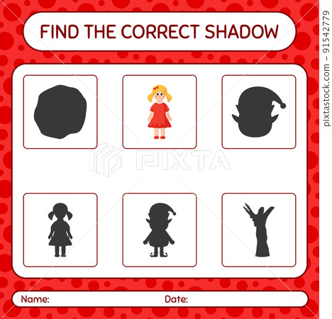 Find the correct shadows game with doll. worksheet for preschool kids, kids activity sheet 91542779