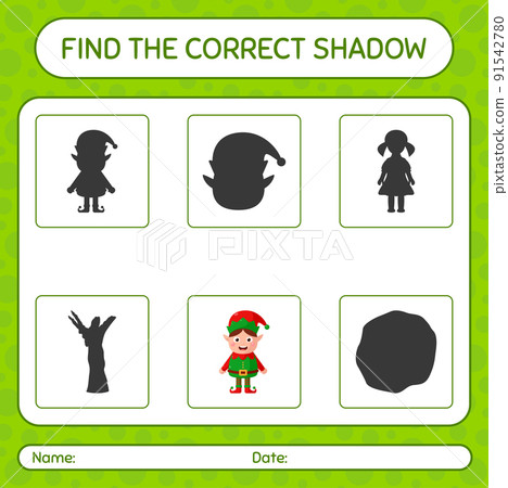 Find the correct shadows game with elf. worksheet for preschool kids, kids activity sheet 91542780