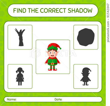 Find the correct shadows game with elf. worksheet for preschool kids, kids activity sheet 91542847