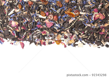 black tea with lemongrass, currant berries, sea buckthorn berries, rose petals, cornflower petals isolated on white background black tea with lemongrass, currant berries, sea buckthorn berries, rose petals, cornflower petals isolated on white background 91543298
