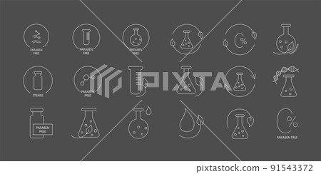 Paraben free icon symbol set. Editable stroke. Vector stock illustration isolated on black chalkboard background for packaging design in beauty industry. EPS10 91543372