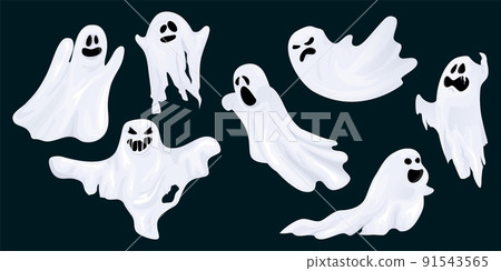 Ghost scares horror character set. Cute funny boo, ghost leaf halloween character design. Isolated vector illustration. Ghost scares horror character set. Cute funny boo, ghost leaf halloween character design. Isolated vector illustration. 91543565
