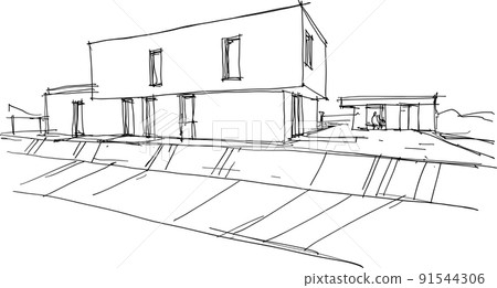 hand drawn architectural sketches of modern one story detached house with garden and garden house hand drawn architectural sketches of modern one story detached house with garden and garden house 91544306