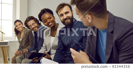 Different candidates sit in line for interview and tell stories sharing experiences. 91544358