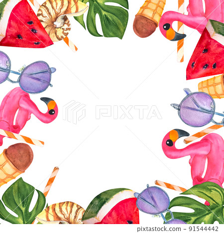 summer illustration watercolor set for design - pink flamingo, hat with a pink bow, monstera leaf, watermelon, purple sunglasses, shell sea, straw for cocktail, chocolate ice cream. Watercolor frame 91544442