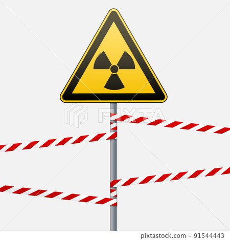 Warning sign on a pole and warning bands. Sign of radiation hazards. Vector illustration. 91544443