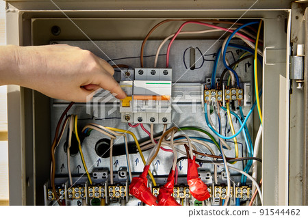 Consumer unit switchboard with fuse box circuit breakers. Consumer unit switchboard with fuse box circuit breakers. 91544462