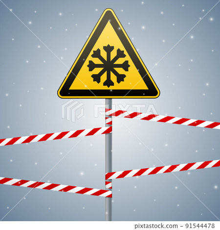 Carefully cold. Warning sign safety. pillar with sign and warning bands. Vector Image. 91544478