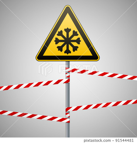 Carefully cold. Warning sign safety. pillar with sign and warning bands. Vector Image. Carefully cold. Warning sign safety. pillar with sign and warning bands. Vector Image. 91544481