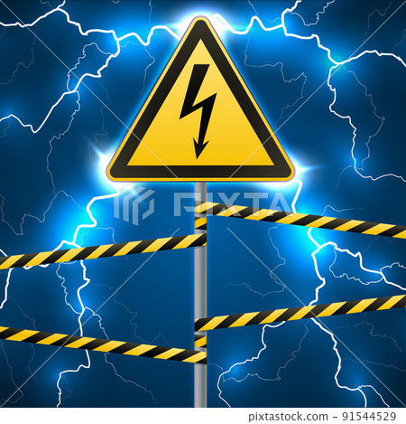 Warning sign. Electrical hazard. Fenced danger zone. A pillar with a sign. Lightning strikes. Flash arcing. Fantastic background. Warning sign. Electrical hazard. Fenced danger zone. A pillar with a sign. Lightning strikes. Flash arcing. Fantastic background. 91544529