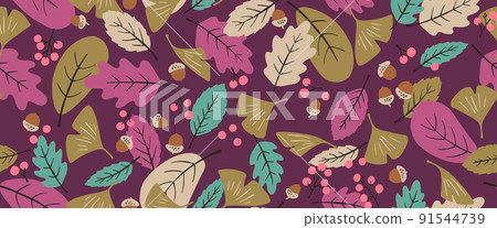 2way Autumn-Seamless pattern of fallen leaves and red fruits-Hand-painted-1 repeat 2way Autumn-Seamless pattern of fallen leaves and red fruits-Hand-painted-1 repeat 91544739