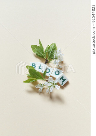 Spring bloom and scrabble blocks on beige background. 91544822