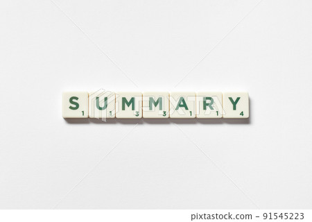 Summary formed of scrabble blocks on white background. 91545223