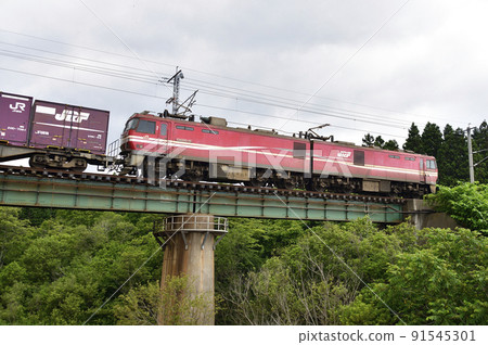 Taking a picture of a freight train crossing a bridge in Kikonai-cho, Hokkaido in the summer 91545301