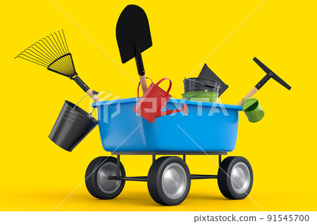 Garden wheelbarrow with garden tools like shovel watering can and fork on yellow Garden wheelbarrow with garden tools like shovel watering can and fork on yellow 91545700