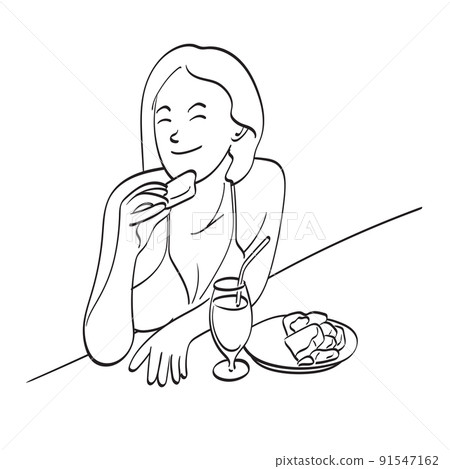 woman in bikini eating snack and juice in swimming pool illustration vector hand drawn isolated on white background line art. woman in bikini eating snack and juice in swimming pool illustration vector hand drawn isolated on white background line art. 91547162