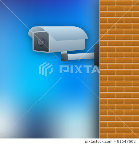 Icon with cctv on white background. Silhouette symbol. Camera icon. Caution warning sign sticker. Closed Circuit Television, CCTV. Vector stock illustration 91547608
