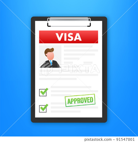 Clipboard with visa application. Travel approval. Immigration visa. Vector stock illustration. 91547801