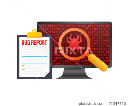 Bug report clipboard and computer. Magnifying glass on virus. Programming code. Vector stock illustration. Bug report clipboard and computer. Magnifying glass on virus. Programming code. Vector stock illustration. 91547850