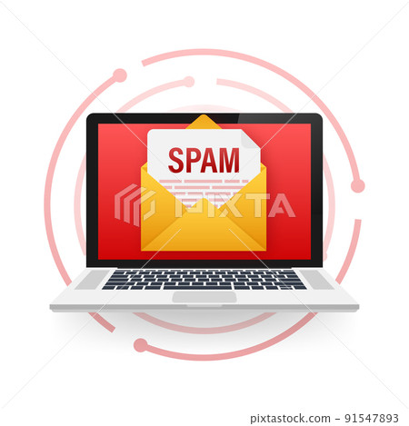No spam. Spam Email Warning. Concept of virus, piracy, hacking and security. Envelope with spam. Vector illustration. 91547893
