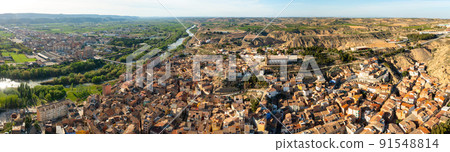 Panoramic aerial view of Spanish town of Fraga on Cinca river Panoramic aerial view of Spanish town of Fraga on Cinca river 91548814