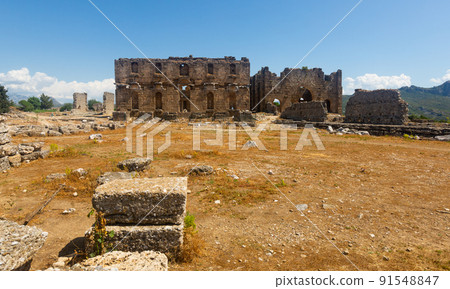 Ruins of the roman bazilica and nymphaeum in the antiquity city of Aspendos 91548847