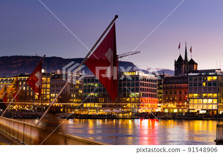 Swiss flag Mont-Blanc bridge in evening 91548906