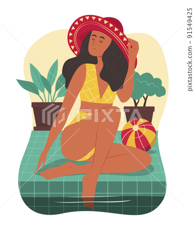 Woman Sunbathing at Swimming Pool on Summer Season. Woman Sunbathing at Swimming Pool on Summer Season. 91549425