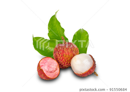 Whole and half ripe lychee with green leaves isolated on white background. 91550684