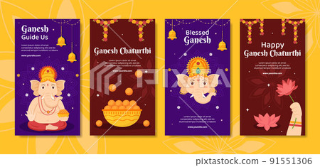 Happy Ganesh Chaturthi Social Media Stories Template Flat Cartoon Background Vector Illustration 91551306