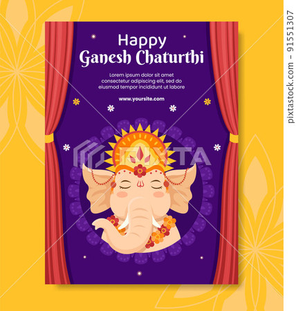 Happy Ganesh Chaturthi Social Media Poster Template Flat Cartoon Background Vector Illustration 91551307