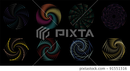 Set of dotted spiral vortex geometric elements isolated on black background Set of dotted spiral vortex geometric elements isolated on black background 91551316