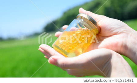 Bottled honey in my hand 91551481