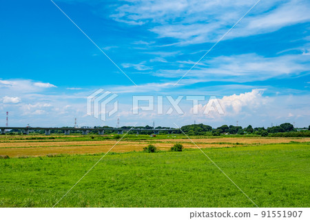 雨季和高速公路結束後，河床和積雨雲地區中央道路上的荒川大橋 2022.06 e-1 Vivid 91551907