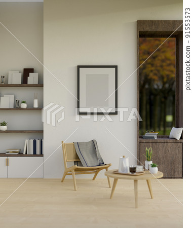 Minimal Scandinavian living room interior design with stylish wood chair, wood coffee table Minimal Scandinavian living room interior design with stylish wood chair, wood coffee table 91553573