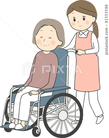 一位護士推著一位高級婦女乘坐的輪椅 一位護士推著一位高級婦女乘坐的輪椅 91553598