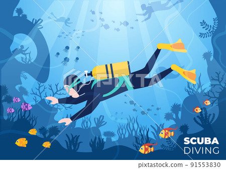 Scuba Diving with Underwater Swimming Equipment for Exploring Coral Reef, Sea Flora and Fauna or Fish in the Ocean in Flat Cartoon Vector Illustration 91553830