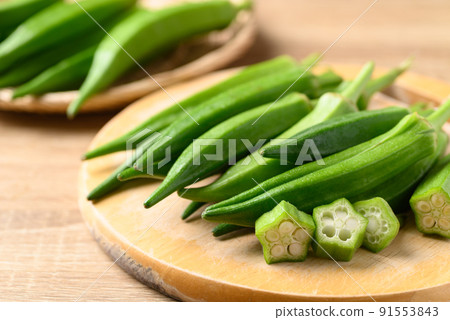 Fresh green okra, Organic vegetable, Asian food ingredients 91553843