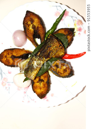 fried Hilsa fish on kitchen 91553955