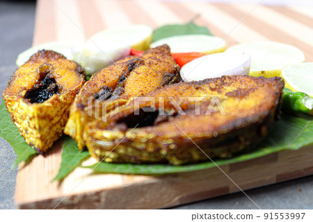 fried Hilsa fish on kitchen 91553997