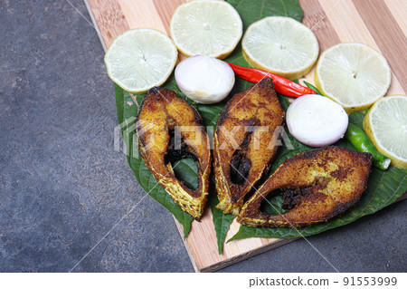 fried Hilsa fish on kitchen 91553999