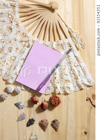 Notepaper on Vintage Lace Fan With Dried Roses and Native American Arrowheads 91554351