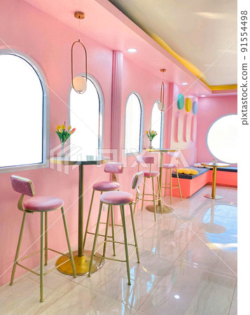 Bright and pink interiordesign for a coffee shop, bakery, cafe, co-working space 91554498