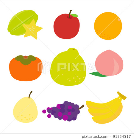 Cartoon cute bright colors fruits set. Carambola, apple, orange, persimmon, pomelo, peach, pear, grapes, banana collection. Isolated on white background, flat design, vector, illustration, EPS10 Cartoon cute bright colors fruits set. Carambola, apple, orange, persimmon, pomelo, peach, pear, grapes, banana collection. Isolated on white background, flat design, vector, illustration, EPS10 91554517