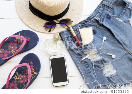 accessories of lifestyle woman relax summer arrangement flat lay style accessories of lifestyle woman relax summer arrangement flat lay style 91555325