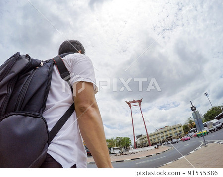 Asian traveler selfies with Giant Swing, Bangkok, Thailand. Asian traveler selfies with Giant Swing, Bangkok, Thailand. 91555386