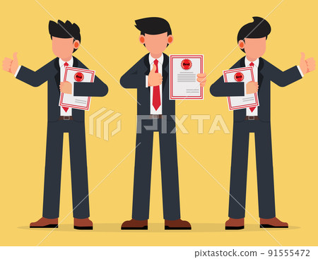 Group of business people standing holding certificates or diplomas and giving thumbs up. 91555472