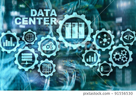 Data Center of the Future on a virtual screen. Business information technology concept. Storing data and securing business continuity 91556530