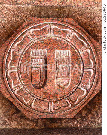 Octogon and circle Buddha footprint on the red brown stone at Thailand Temple. Octogon and circle Buddha footprint on the red brown stone at Thailand Temple. 91556649